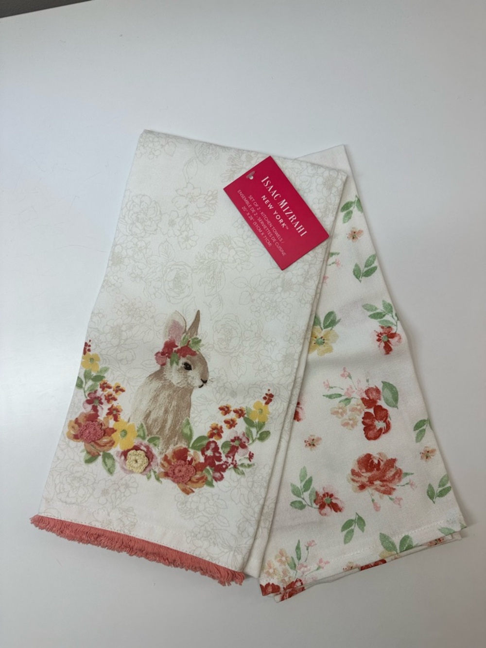 Isaac Mizrahi Neutral Floral Kitchen Towel Set with Green Accent